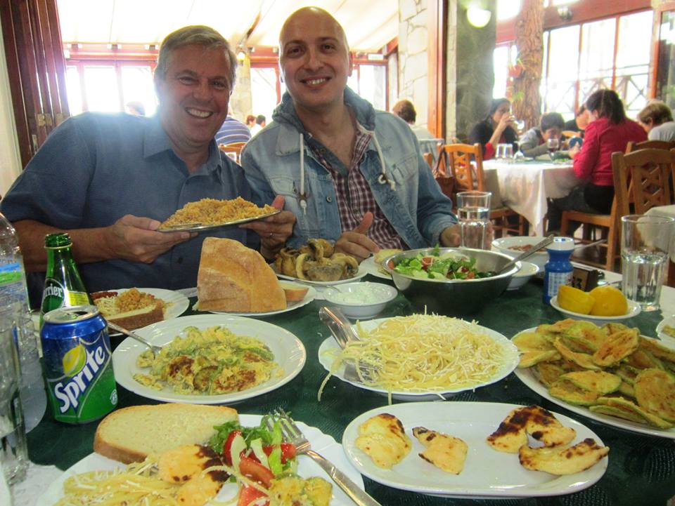 Vangelis Evangelou and yours truly with half of the mezze at Maria's near Lefkara.