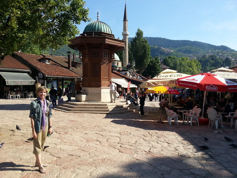 Gabi in so-called Pigeon Square in Old Town Sarajevo, ringed by cafes and restaurants and the shops of the bazaar.