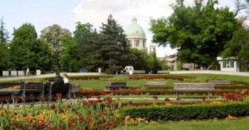 Public gardens looking to Parliament in the center of Belgrade