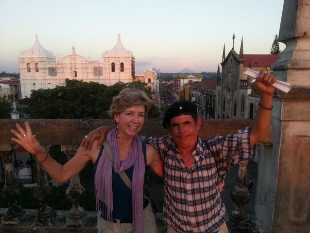 Miguel and Gabi atop the museum, with the Leon Cathedral and volcanoes of the region in the distance behind them