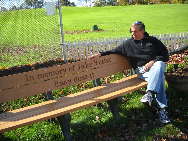The bench Gabi and I had installed at the Ashfield Golf Course in dad's honor. There's one for mom, too, nearby under the shade tree on the first teebox.