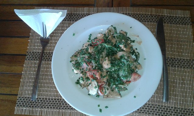 Lunch is served: sauteed chicken breast with veggies and creamy mustard sauce. Yum!